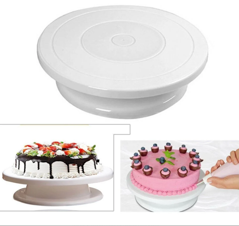 Platou rotativ decorare cu baza antiaderenta, 28 cm + CADOU Set 4 raclete decorare tort, 8 modele diferite