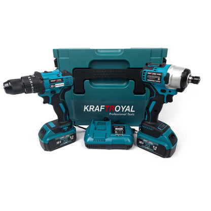 Set masina de gaurit si infiletat si masina de insurubat cu impact KrafTRoyal 2 acumulatori 36V 8AH